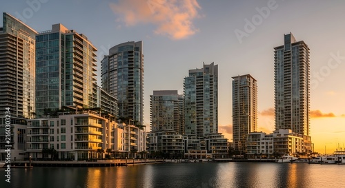 Waterfront apartment buildings with balconies at sunset by calm marina