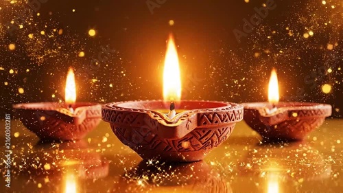 Glowing Clay Diyas on Reflective Surface with Falling Golden Sparkles for Deepavali