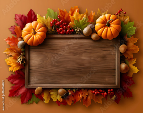 an autumnal greeting card design featuring a central wooden plank, copy space, 