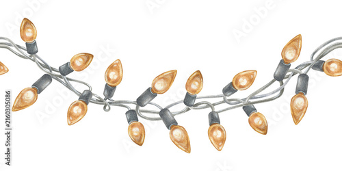 Seamless Border of warm Christmas Lights. Watercolor illustration of a yellow garland. Hand drawn vintage gold holiday decoration on white isolated background. Water color painting art image