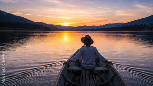 A back-view shot of a person wearing a hat rowing a wooden boat across a tranquil lake towards mountains during a vibrant golden sunset.