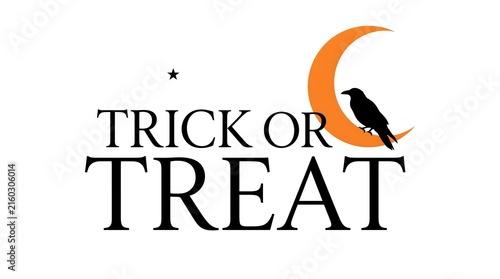 A festive halloween graphic featuring the words trick or treat with a black crow perched on an orange crescent moon