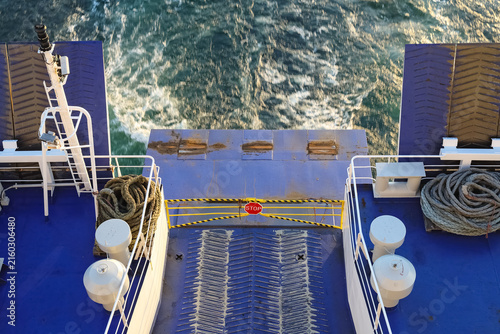 View of the rear end of a ferry sailing through the Baltic Sea