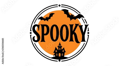 A circular halloween design featuring the word spooky with a haunted house silhouette and flying bats on orange background