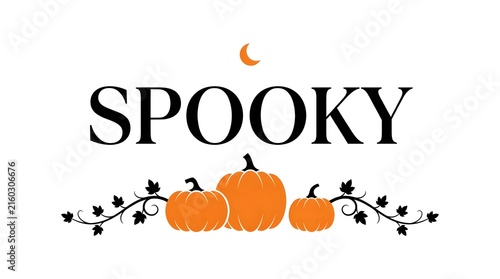 A festive halloween design featuring the word spooky in elegant black typography with orange pumpkins and decorative black vines
