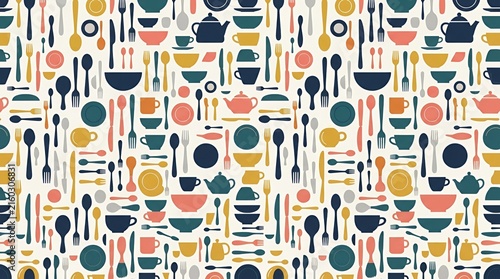 Colorful kitchen utensils and cookware seamless pattern.