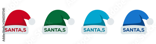 Red Green Cyan and Blue Santa Hat Christmas Icon Set Isolated on Transparent Background