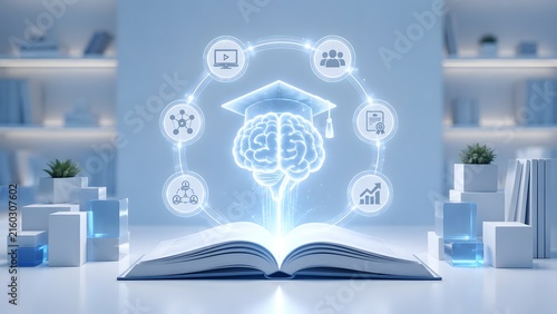 Holographic brain with graduation cap rising from an open book with digital icons representing futuristic education and smart academic learning
