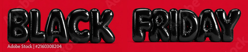 Premium Black Friday horizontal banner template with glossy black 3D balloon text over a vibrant red background, perfect for creating eye-catching website headers, and digital store banners