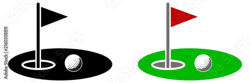 Konstfotografi Two simplified golf hole one black and white one color with green grass and red