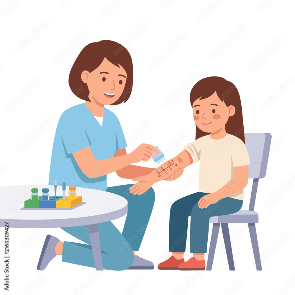 Fototapeta premium Female nurse performing allergy skin test on young girl in clinic 