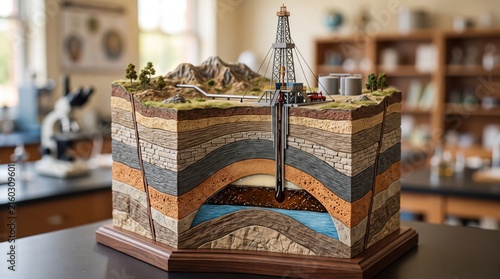 Educational 3D cross-section model of a petroleum reservoir showing geological strata, underground crude oil extraction and an oil derrick.