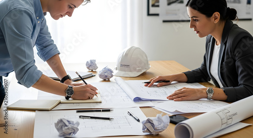 Professional Architects Collaborating on Construction Blueprints in Modern Office Workspace