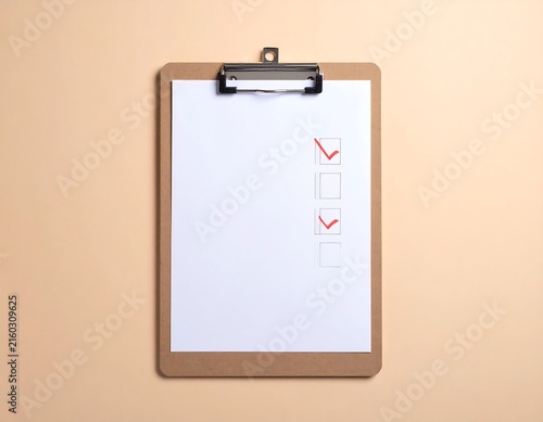 Professional Clipboard with Red Checked Checklist and Organized Task Management Concept on Soft Beige Background