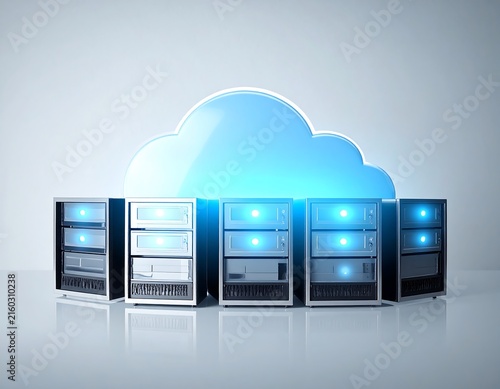 Cloud Data Hub with Connected Digital Network and Secure Cloud Computing Infrastructure on Light Gray Background