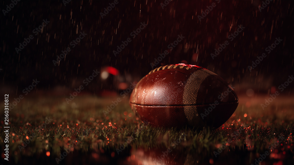 Fototapeta premium A cinematic shot of an American football lying on the grass during a rainy night match, with dramatic red lighting and heavy downpour, perfect for intense sports concepts.