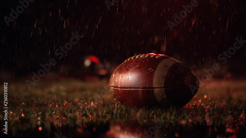A cinematic shot of an American football lying on the grass during a rainy night match, with dramatic red lighting and heavy downpour, perfect for intense sports concepts.
