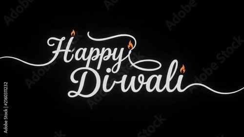 Elegant Happy Diwali Animated Text Reveal with Glowing Oil Lamps on Black Background