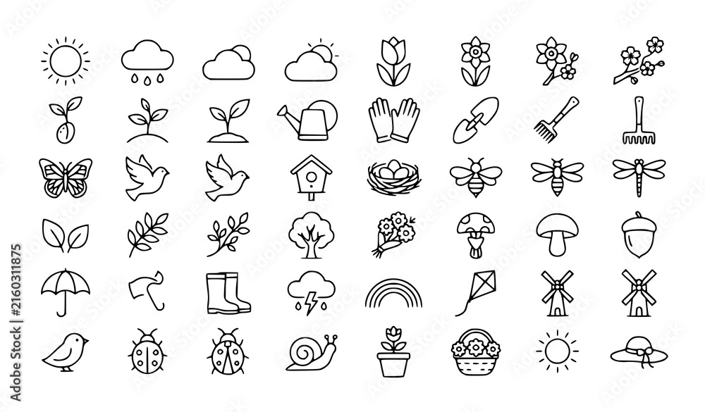 Fototapeta premium 36 spring season outline icons set with flowers nature and gardening symbols
