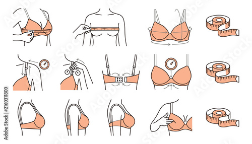 Принти на полотні Bra size measurement and fitting guide icon set with tape measure strap adjustme