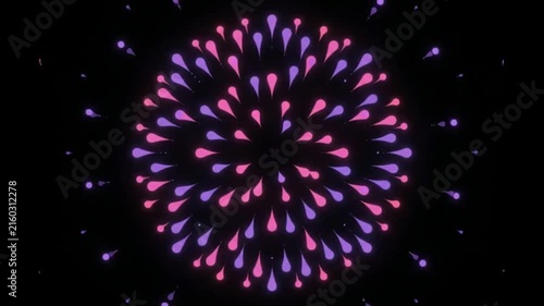 Colorful 2D Animated Fireworks Bursts in Pink Purple and Orange on Dark Background