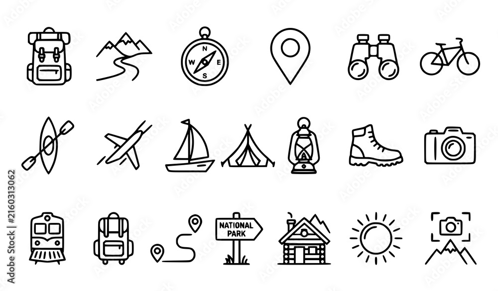 Fototapeta premium Travel Adventure and Outdoor Recreation Thin Line Vector Icon Set