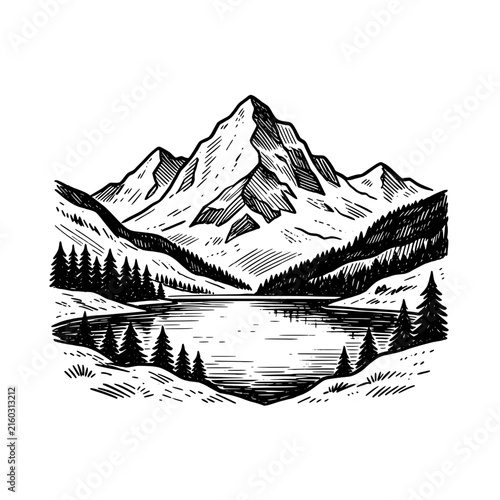 Mountain landscape with a lake and trees  Doodle art Hand-drawn illustration