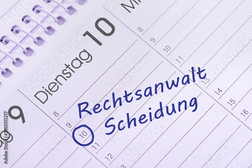 Cuadro en lienzo In einem Kalender ist ein Termin vorgemerkt für Rechtsanwalt und Scheidung