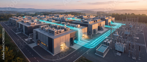 Data center campus with glowing data streams connecting industrial server buildings to an electrical substation at sunset, concept of cloud computing, high-speed network and AI infrastructure