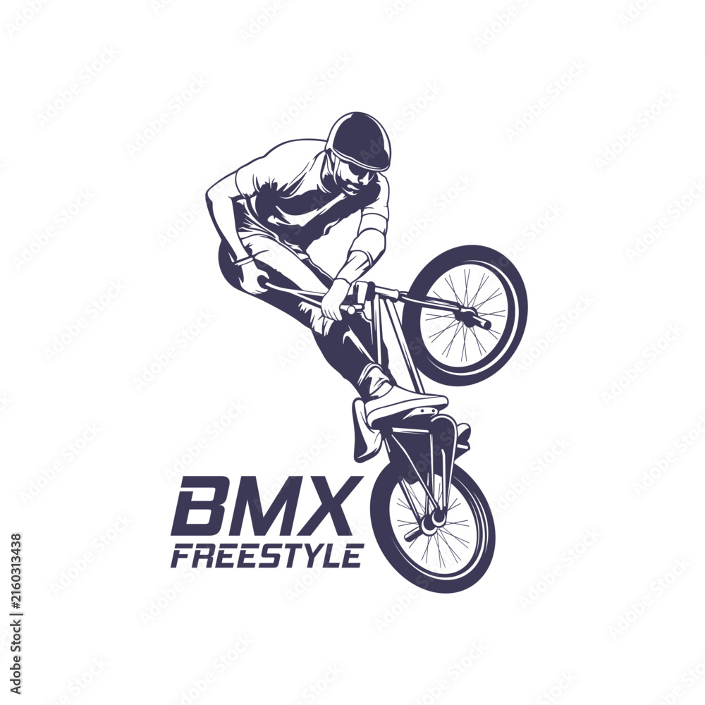 Fototapeta premium Extreme BMX Freestyle Rider Vector Logo Illustration. Perfect for BMX club logos, skatepark branding, event badges, t-shirt prints, decals, and extreme sports.