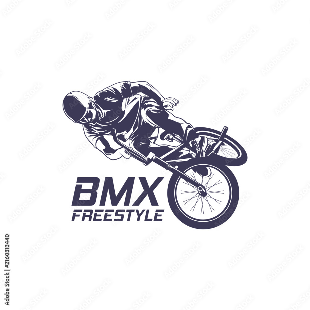 Fototapeta premium Extreme BMX Freestyle Rider Vector Logo Illustration. Perfect for BMX club logos, skatepark branding, event badges, t-shirt prints, decals, and extreme sports.