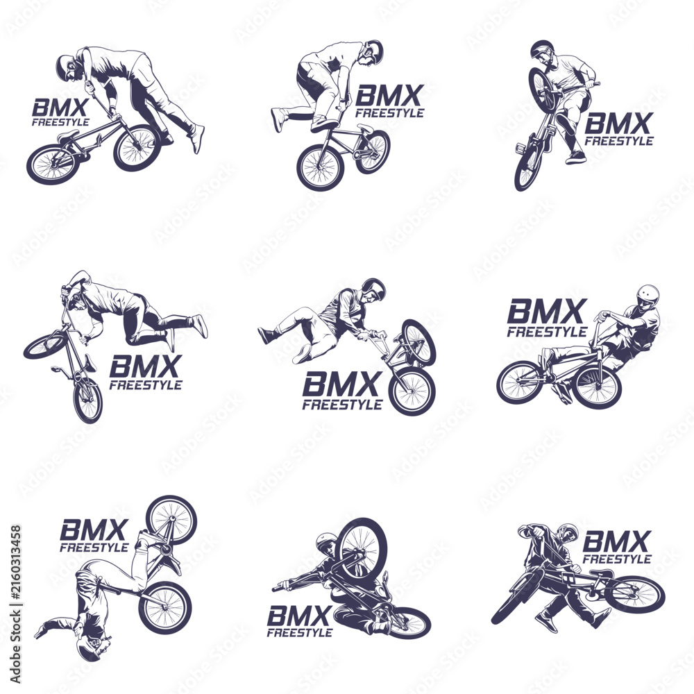 Fototapeta premium Set of Extreme BMX Freestyle Rider Vector Logo Illustration. Perfect for BMX club logos, skatepark branding, event badges, t-shirt prints, decals, and extreme sports.