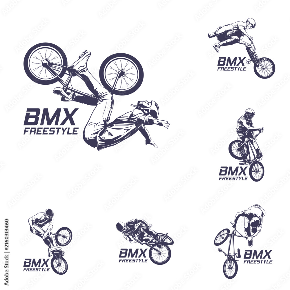 Fototapeta premium Set of Extreme BMX Freestyle Rider Vector Logo Illustration. Perfect for BMX club logos, skatepark branding, event badges, t-shirt prints, decals, and extreme sports.