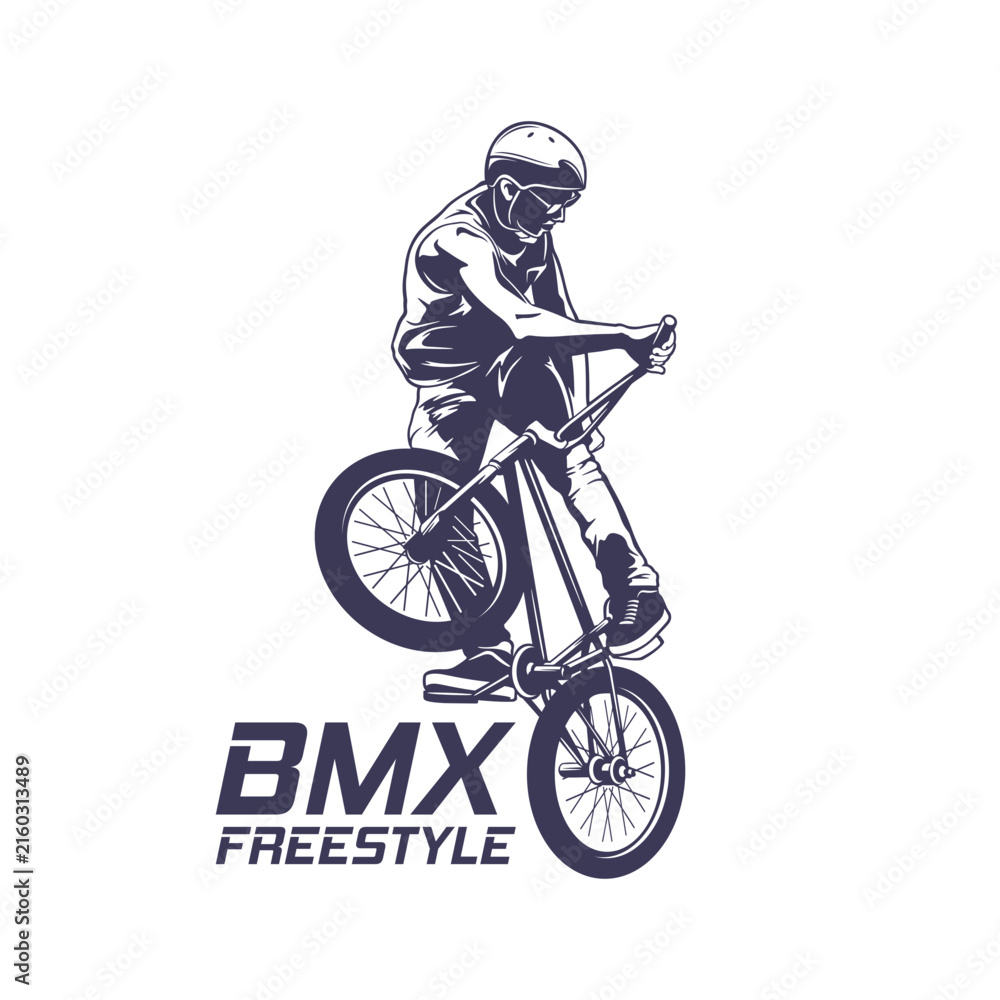Fototapeta premium Extreme BMX Freestyle Rider Vector Logo Illustration. Perfect for BMX club logos, skatepark branding, event badges, t-shirt prints, decals, and extreme sports.