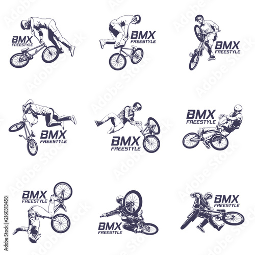 Set of Extreme BMX Freestyle Rider Vector Logo Illustration. Perfect for BMX club logos, skatepark branding, event badges, t-shirt prints, decals, and extreme sports.