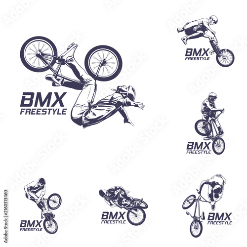 Set of Extreme BMX Freestyle Rider Vector Logo Illustration. Perfect for BMX club logos, skatepark branding, event badges, t-shirt prints, decals, and extreme sports.