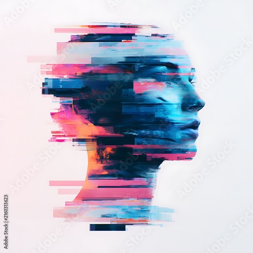 A digital abstract portrait of a human profile with fragmented, glitch-like horizontal streaks in vivid blue, pink, and orange tones on a white background.