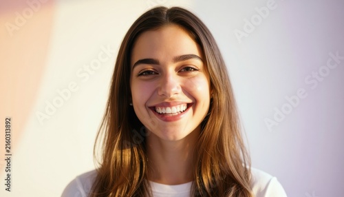 Radiant young woman smiling brightly in the warm glow of golden hour capturing a moment of pure joy