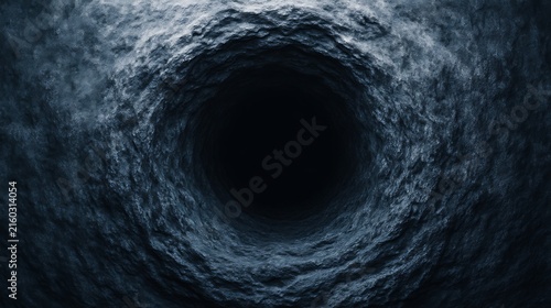 A dark, deep, circular tunnel or hole with rough textured walls, disappearing into complete blackness at the center.