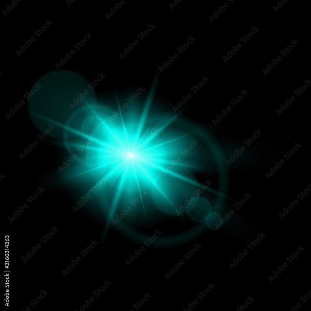 Fototapeta premium A vibrant teal lens flare effect against a dark background creating a dramatic and energetic visual