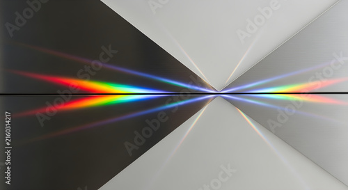 Abstract Light Refraction Display Showing Prismatic Spectrum Colors Converging on a Minimalist Geometric Black and White Background