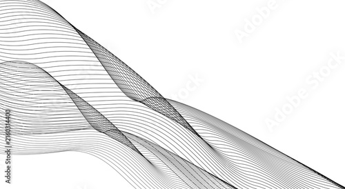 Abstract Black Line Waves, Flowing Ribbon Curves, Layered Mesh Lines, Smooth Wave Pattern, Minimal White Background, Elegant Fluid Motion, Modern Digital Artwork