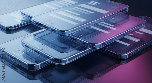 Layered Glass Smartphone Concept Displays Featuring Abstract Data Interfaces and Futuristic Digital UI Elements in a Cinematic Studio Setting
