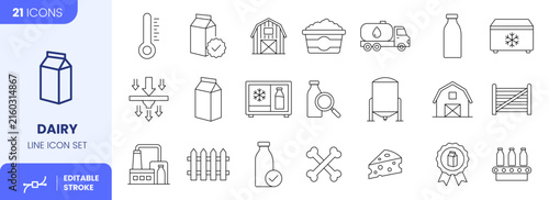 Dairy Line Icon Set, Milk Production and Farm Symbols Vector Illustration with Editable Stroke