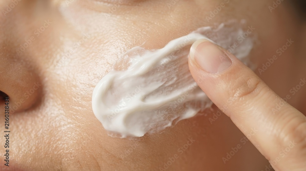 Fototapeta premium Close-up of a finger applying white cream to smooth facial skin