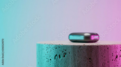 A futuristic capsule rests on a concrete pedestal, illuminated by neon blue and pink lights against a soft gradient background.