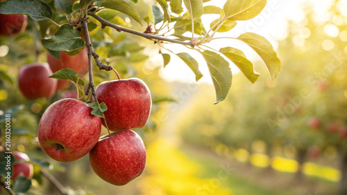 Close up of red delicious apples on a tree branch in an orchard with agriculture vitamins sunlight