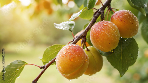 Photography Fresh wet apricots with dew drops hanging on orchard branch agriculture moisture