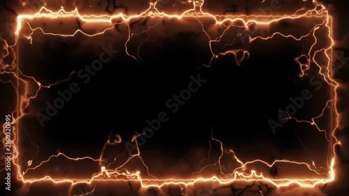 Dynamic Fiery Orange Electric Lightning Border Frame Animation on Isolated Dark Screen
