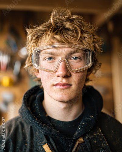 Young man with messy hair wearing protective goggles and dusty clothing, standing indoors in a workshop or craftsman setting.